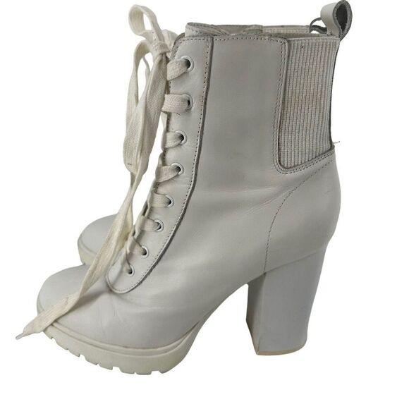 Steve Madden Latch Combat Lace Up White Leather Women Size 8.5 Chunky Heel Boots - Picture 2 of 10